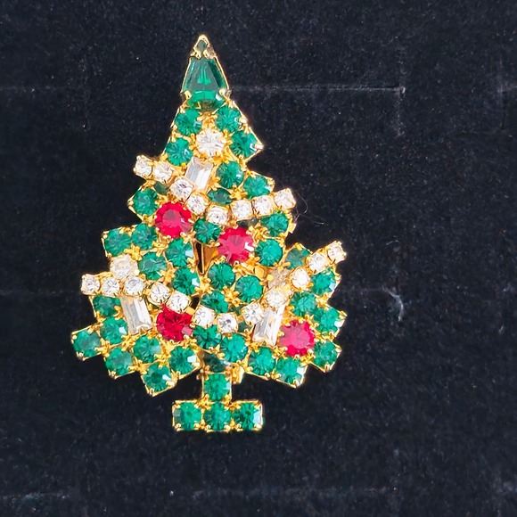 Eisenberg Ice Christmas Tree Pin Rhinestone Green Red Gold Tone‎ Brooch - Picture 7 of 16